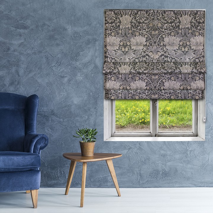 Morris Pure Honeysuckle & Tulip Print Black Ink Roman Blind